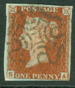 SG 8 1d red-brown plate 30 lettered SA. Very fine used, 4 margins 