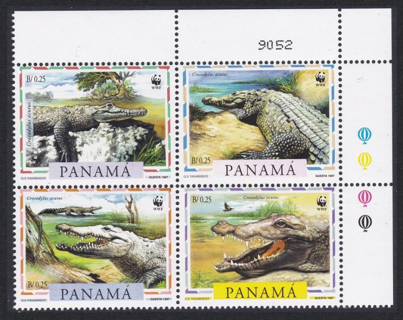 Panama WWF American Crocodile 4v Top Right Corner Block of 4 SG#1590-1593