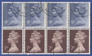 GB Machins 7d + 9d Booklet stamps, Block of 8, four of each VF Used