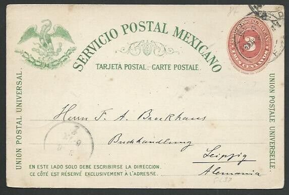 MEXICO 1892 3c postcard used to Germany....................................60380