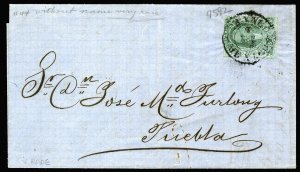 Mexico #44b, 1867 2r green, without overprint, used on folded letter to Puebla