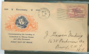 US 772 1935 3c Connecticut Tercentennary (Charter Oak) on an addressed FDC with an unknown cachet