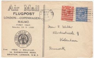 Great Britain 1920 First Flight Cover from London - Copenhagen