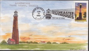 Marvel Houge Hand Painted FDC for the 2003 Tybee Island Lighthouse Stamp