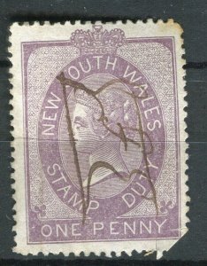 AUSTRALIA; NEW SOUTH WALES 1870s classic QV Stamp Duty used 1d. value