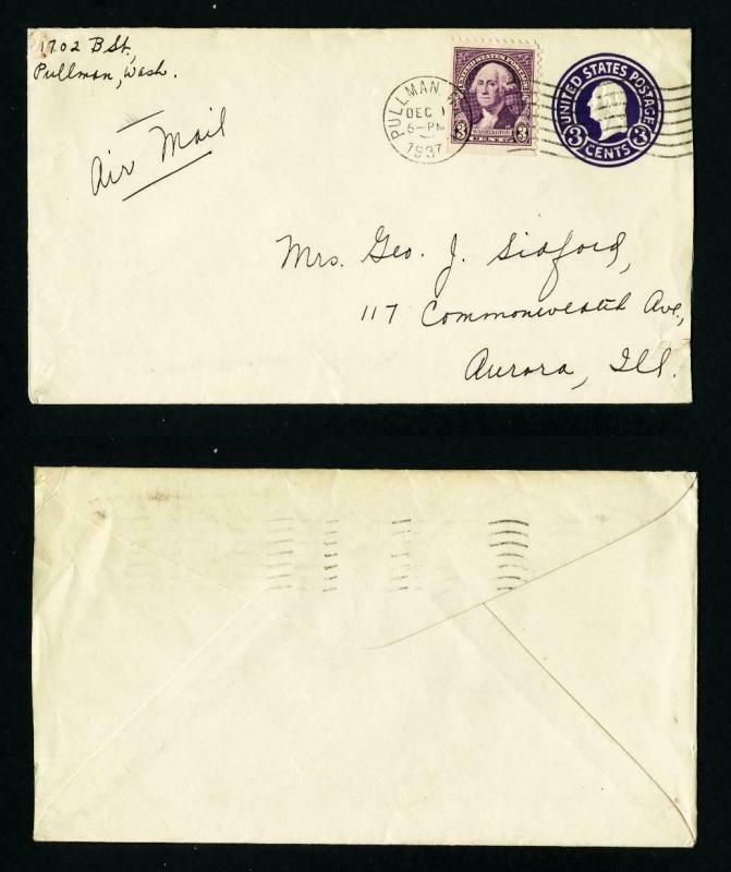 Air Mail Cover Pullman, Washington to Aurora, Illinois dated 12-1-1937