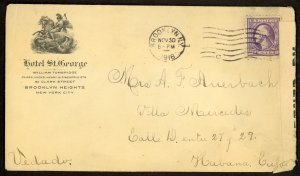 USA 1918 HOTEL ST GEORGE CC Cover Sc 530 Censored to CUBA