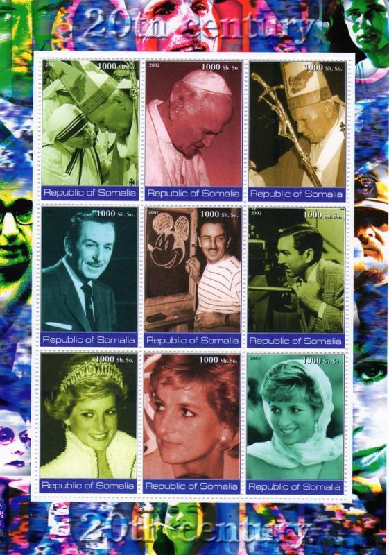 Somalia 2002 PRINCESS DIANA POPE WALT DISNEY Sheet Perforated Mint (NH)