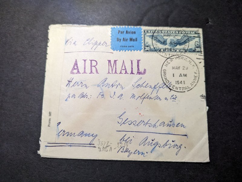 1941 Censored USA Airmail Cover New York NY to Gessertshausen Germany