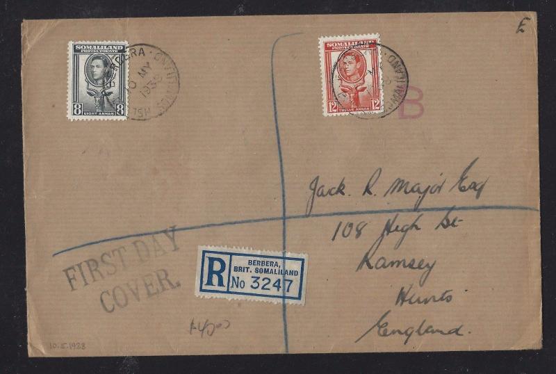 SOMALILAND COVER (P0412B) 1938 KGVI 8A+12A REG FDC BERBERA TO ENGLAND #2 