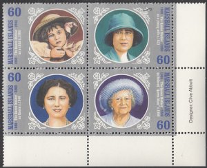 Marshall Islands 2000 MNH Sc 750 Block of 4 60c Queen Mother's 100th Bir...