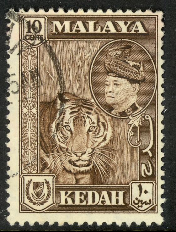 MALAYA KEDAH 1957 10c TIGER Pictorial Issue Scott 88 VFU