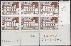 South Africa 447 (mnh plate block of 6) 4c Gideon Malherbe house (1975)