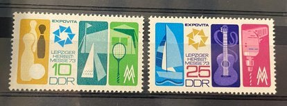 (332) DDR 1973 : Sc# 1485-1486 SPORTS EQUIPMENT SAILBOAT GUITAR DRILL - MNH F