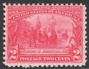 US 1907 2c Jamestown Expo Issue Sc 329  Mint NH F-VF, light crease, cv $80