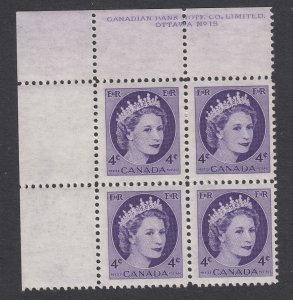 Canada #340ii Mint Plate Block of 4, PL 15 UL