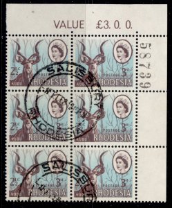 RHODESIA QEII SG408, 3d/2½c sheet number corner block of 6, FINE USED.