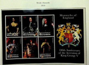 MICRONESIA Sc 890 NH MINISHEET OF 2010 - BRITISH MONARCHS - (JO23)