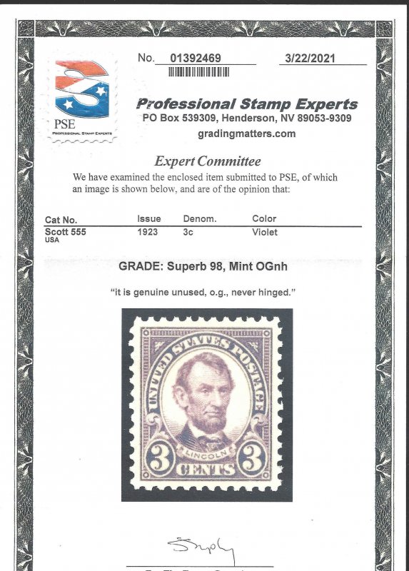 555 Mint,OG,NH.. Line Pair.. PSE graded Superb 98.. SMQ $650.00... Only 3 higher