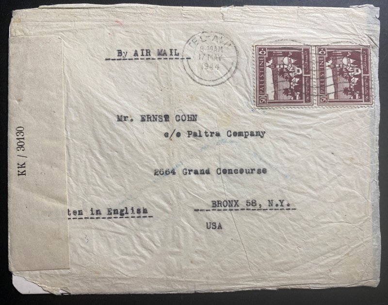 1944 Tel Aviv Palestine Airmail Censored Cover To Bronx NY USA 