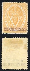 British Columbia SG25 25c Yellow FRESH M/M (hinge remainders) Cat 850 pounds