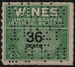 RE135 36¢ Wine Revenue Stamp (1942) Perfin