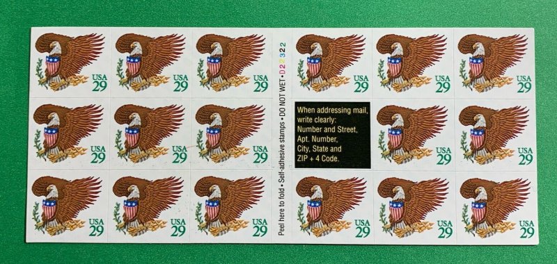#2596a 29c EAGLE & SHIELD BOOKLET PANE OF 17 MNH UNFOLDED, 1992 GREEN 29