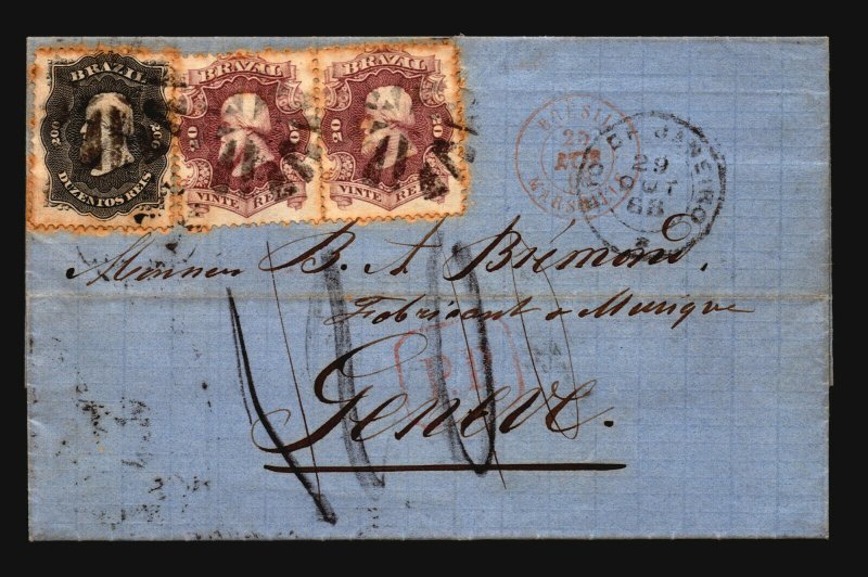 Brazil 1868 Cover SC# 54 (x2) #59 to Switzerland  - Z19384