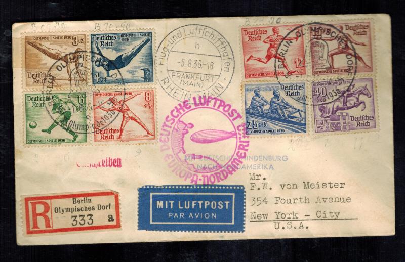 1936 Germany Hindenburg Zeppelin Olympics Cover to USA comp set # B82-B89 LZ 129