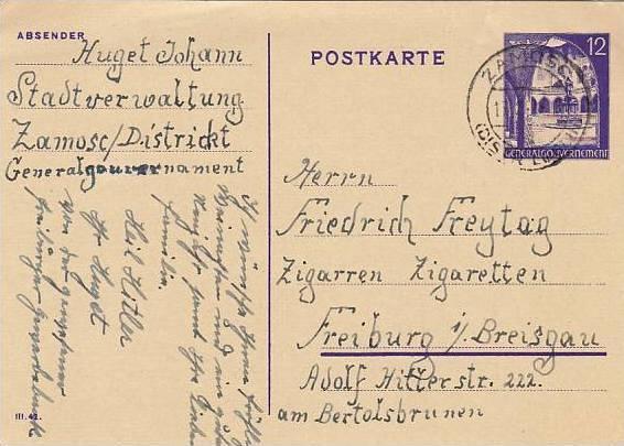 Zamosc to Freiburg 1942 postal stationery