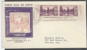 US 750 3c Mt Rainier (1934) Farley imperf pair taken from the pane on an addressed (typed) FDC with the APS Atlantic City cancel