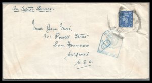 Great Britain 1943 on ACTIVE Service CENSORED Maritime Mail to San Francisco