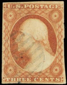 10, Used 3¢ Nice Appearing Stamp  Creased With APS Cert Cat $190.00  Stuart Katz