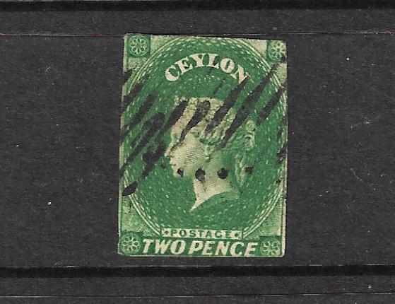 CEYLON 1857-59 2d GREEN QV IMPERF FU SG 3