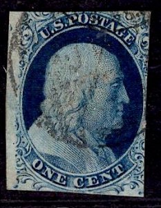 US Stamp Scott #7 1c Franklin Blue Used SCV $130. Deeply colored