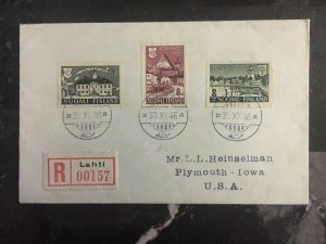 1937 Lahti Finland Registered Cover to Plymouth Iowa USA Complete set