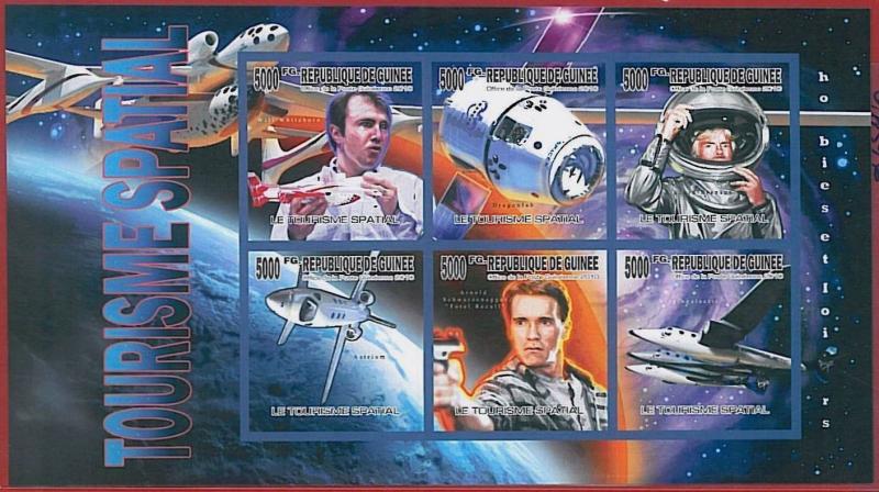 FRENCH GUINEA - ERROR, 2010 IMPERF SHEET: SPACE Tourism, CINEMA, Schwarzenegger