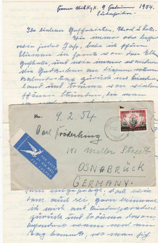 South Africa 1954 Airmail Johannesburg Cancel Stamps Cover With Letter Ref 29303