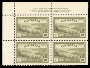 Canada #269 Cat$17.50, 1946 10c olive, plate block of four, never hinged