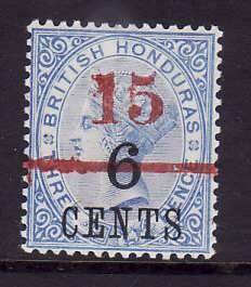 British Honduras-Sc#37- id6-unused NH 15c on 6c on 3p QV-1891-