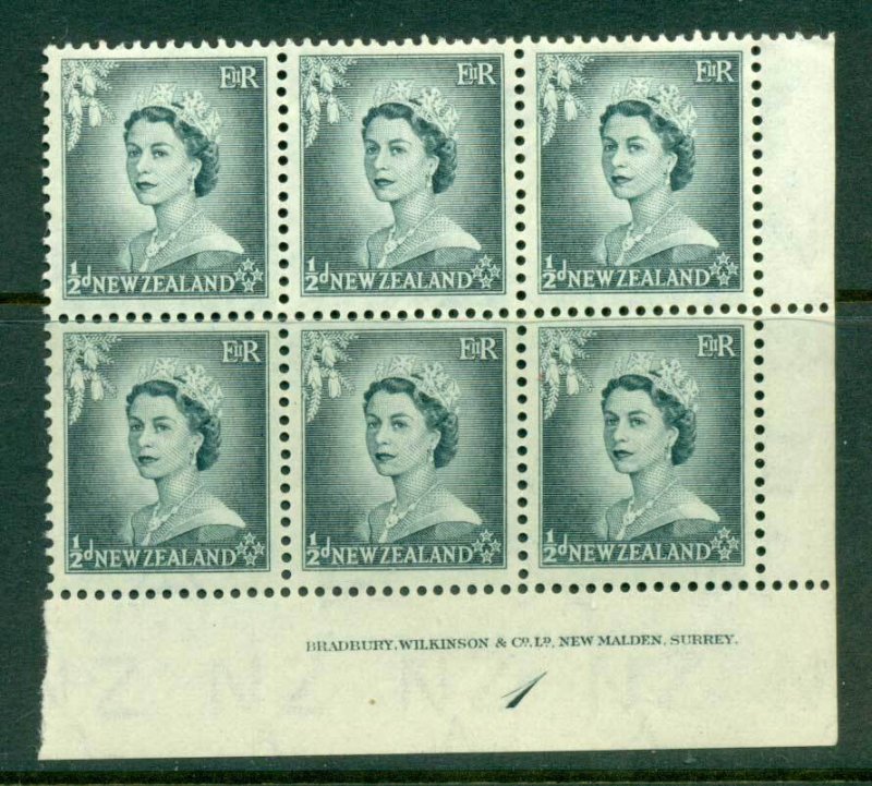 New Zealand 1954 QEII 1/2d Grey Plate 1 Block 6 MH/MUH Lot25322