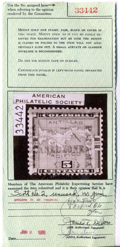 Canal Zone Scott #2 Unused Stamp w/APS Cert  (Stock #CZ2-44)