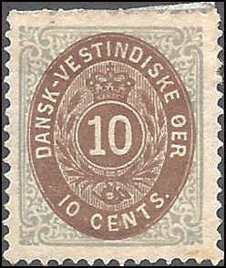 Danish West Indies 10 Mint,OG,HR... SCV $57.50... VF/XF