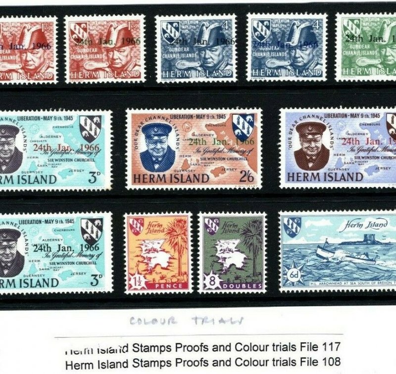 GB LOCALS Channel Islands HERM Churchill COLOUR TRIALS/PROOFS 1959-66{12} MA437 