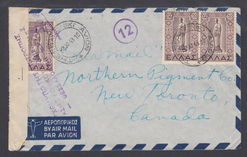 Greece Sc 514 on 1948 CENSORED air mail cover THESSALONIKI-TORONTO