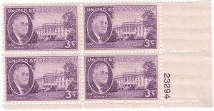 Scott # 932 - 3c Purple - Franklin Roosevelt Issue -  plate block of 4 - MNH 