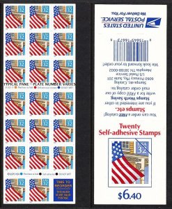 1995 Flag over Porch Sc 2920a 32c booklet of 20 MINT plate number V12322