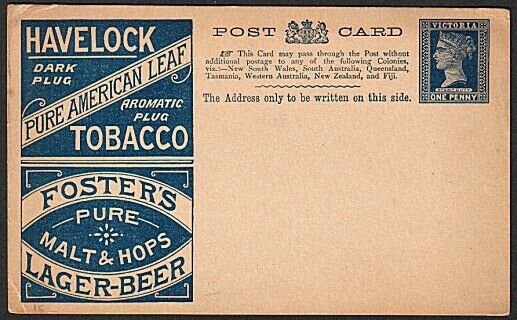 VICTORIA AUSTRALIA QV 1d postcard Tobacco & Foster's Beer unused...........76355