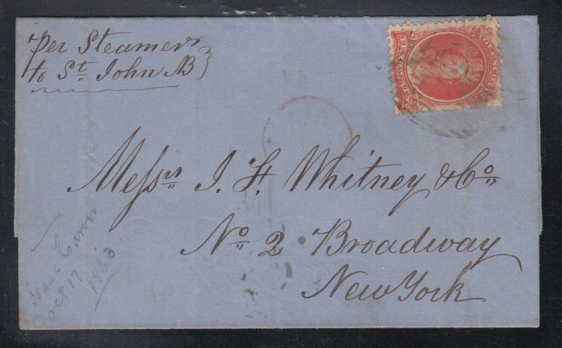 Nova Scotia 1863 10c Cover Steamer Via St John NB to New York USA 