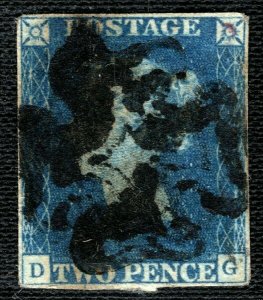 GB 1840 TWO PENCE BLUE QV SG.5 2d Plate 2 (DG) Used Full MX Cat £1,000- BLRED63